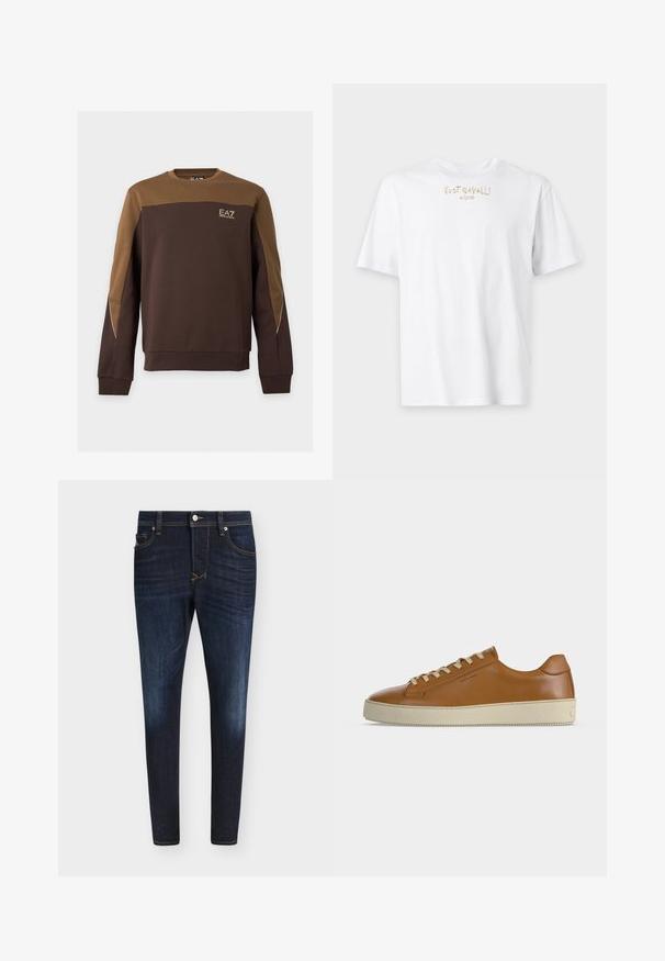 Sweat-shirt marron et beige à manches longues avec col rond, détail passepoil sur les manches et petit logo EA7 Emporio Armani sur la poitrine.; T-shirt blanc à manches courtes avec texte doré "Just Cavalli Milano" imprimé près de l'encolure à l'avant.; Jean slim bleu foncé avec légère décoloration sur les cuisses, design cinq poches, bouton à l'avant et passants de ceinture sur fond blanc.; Baskets basses en cuir marron avec lacets crème et semelle épaisse en caoutchouc crème, vues de profil sur fond blanc.
