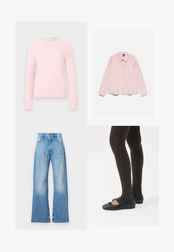 Pull en tricot rose clair à manches longues, col rond, ourlet côtelé et motif texturé sur la surface. Tissu lisse et coupe décontractée.; Chemise rose clair à manches longues avec col et boutons, étalée à plat sur un fond blanc.; Jeans en denim bleu clair évasés avec taille haute, cinq poches et fermeture à bouton classique. Présente un léger dégradé et une coupe décontractée.; Jambes portant des leggings côtelés foncés associés à des ballerines noires avec de petits détails en nœud sur fond blanc.