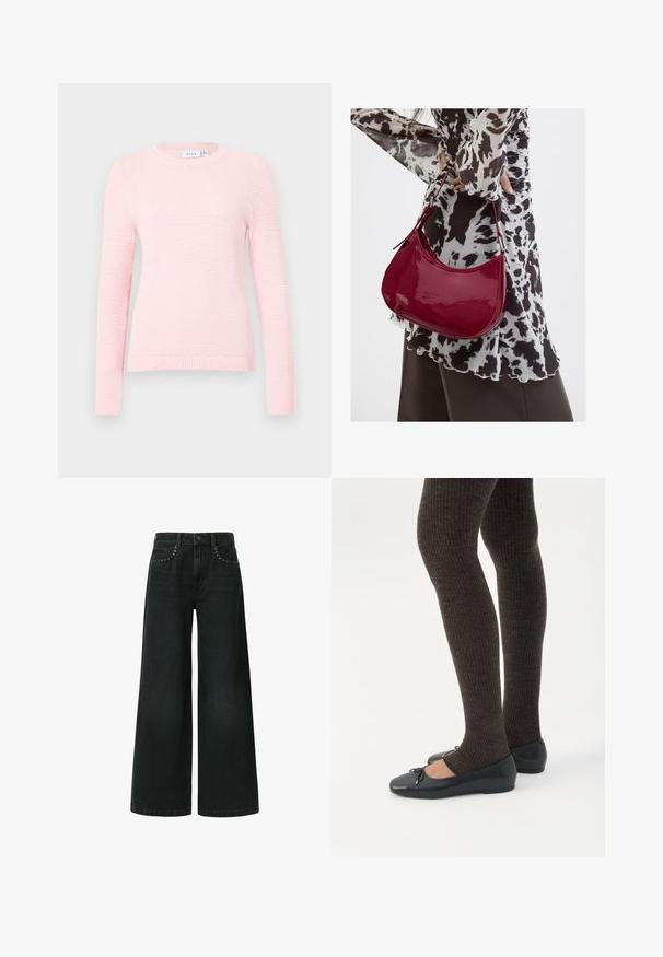 Suéter de punto rosa claro con mangas largas, cuello redondo, dobladillo acanalado y patrón de superficie texturizado. Tejido suave y ajuste informal.; Vaqueros negros de pierna ancha, confeccionados en mezclilla, con un diseño clásico de cinco bolsillos y remaches decorativos cerca de los bolsillos delanteros.; Piernas con leggings oscuros acanalados combinados con bailarinas negras que presentan pequeños detalles de lazo sobre un fondo blanco.; Mujer con blusa de estampado en blanco y negro sosteniendo un bolso de hombro rojo brillante sobre un fondo liso.