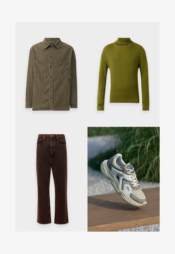 Suéter verde de cuello alto con mangas largas, elaborado con un material suave y texturizado. Presenta una silueta ajustada y un cuello alto.; Chaqueta de camisa de pana en verde oliva con cuello puntiagudo, cierre frontal de botones y dos bolsillos en el pecho con solapa.; Jeans de denim marrón con corte recto, diseño de cinco bolsillos y cierre clásico de botón. La tela tiene un acabado liso y texturizado.; Zapatilla gris y blanca con parte superior de malla, lengüeta acolchada, detalles texturizados y suela de goma gruesa, suspendida sobre una superficie de madera.