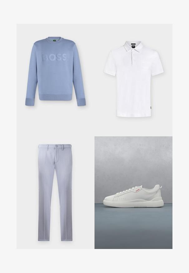 Lyseblå langærmet sweatshirt med rund halsudskæring, ribbet manchetter og kant, præget "BOSS" tekst på brystet.; Hvid kortærmet polo med krave og tre knapper, med subtilt "BOSS" logo på brystet og lille mærkat i siden.; Lysegrå skræddersyede bukser lavet af glat stof, med knaplukning, bæltestropper og lige ben. Ingen synlige lommer.; Hvide sneakers med en glat læderfinish, rund tå, fire snørehuller, subtile perforeringer og en rød logo detalje på siden.