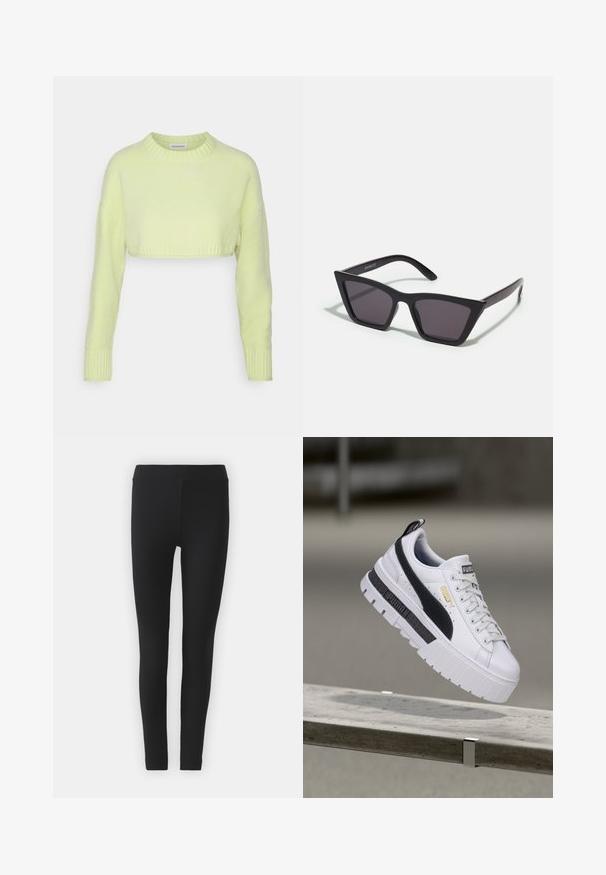 Even&Odd by Zalando Trui - light green; Zwarte leggings van elastische stof met een gladde textuur, uitgerust met een hoge tailleband en een slank pasvorm ontwerp.; Witte Puma platform sneaker met zwarte streep en gouden logo, zwevend boven een betonnen bankje in een buitenomgeving.; Zwarte, hoekige zonnebril met grijze lenzen; gemaakt van plastic, met dikke armen met een gladde oppervlakte en zonder zichtbare hardware.