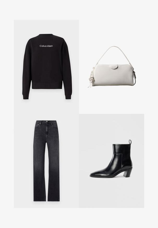 Sort sweatshirt lavet af bomuld med ribbet rund halsudskæring, lange ærmer og trykt "Calvin Klein" logo i hvidt over brystet.; Sorte lige jeans lavet af denim, med høj talje, fem lommer og en lynlås i front med knaplukning. Let slidte vaske.; Sort læder ankelstøvle med spids tå, geometrisk stablet hæl og en løftestrop bagpå. Glat tekstur og slankt design.; Hvid rektangulær Calvin Klein håndtaske med enkelt håndtag, minimalistisk design og dekorative kvaster med geometrisk metalvedhæng på siden.