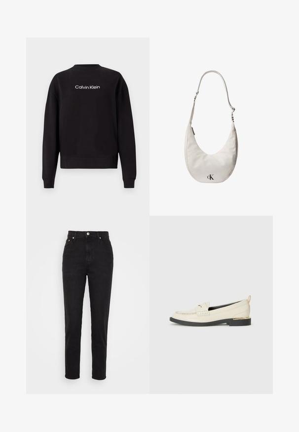 Čierna mikina vyrobená z bavlny s rebrovaným výstrihom, dlhými rukávmi a bielym potlačeným logom "Calvin Klein" naprieč hrudníkom.; Čierne vysoké slim-fit džínsy so zapínaním na gombík vpredu, pútkami na opasok a dizajnom s piatimi vreckami na bielom pozadí.; Krémové kožené poltopánky s dekoračným remienkom, prešívanými detailami a nízkou čiernou platformovou podrážkou, doplnené zlatým podpätkom.; Biely kožený ramenný vak v tvare polmesiaca s nastaviteľným remienkom, zipsovým uzáverom a čiernym logom Calvin Klein na prednej strane.