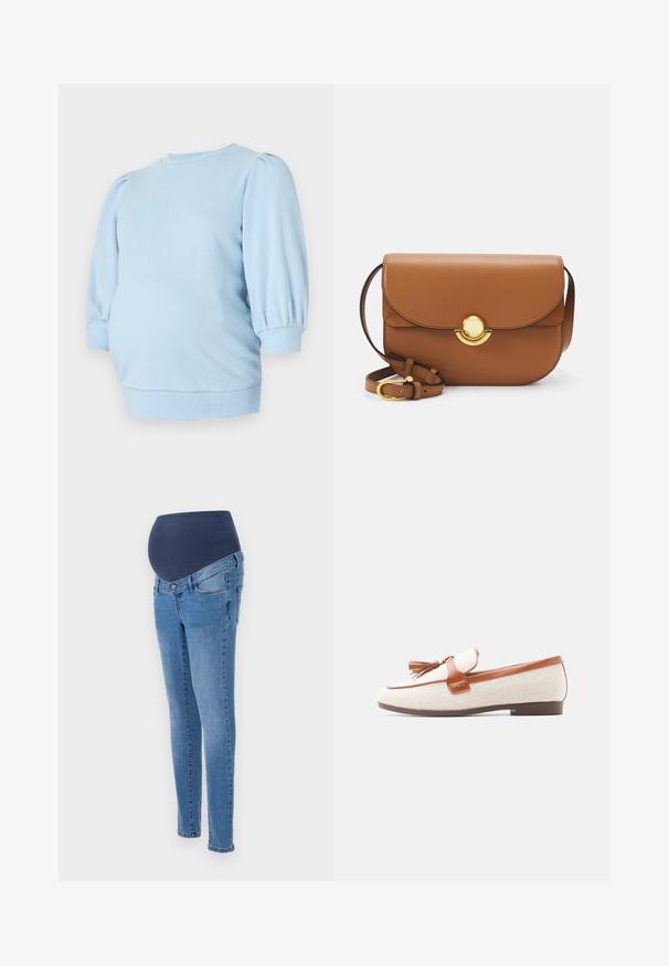 Helle blaue Umstandsoberteil mit kurzen puffärmel und runder Halslinie, sowie einem figurbetonten unteren Saum. Weicher, dehnbarer Stoff.; Schwangerschaftsjeans mit einem blauen elastischen Bund und schmalen Beinen, aus hellblauem Denim mit subtilen Verwaschungen und klassischen Gesäßtaschen.; Damen Slipper mit beigefarbenem Stoff, braunem Lederbesatz, Quastendetail und brauner flacher Sohle, seitlich auf weißem Hintergrund gezeigt.; Braune Leder-Umhängetasche mit abgerundeten Kanten, magnetischem Klappenverschluss und goldenen Beschlägen. Verstellbarer Riemen für Vielseitigkeit.