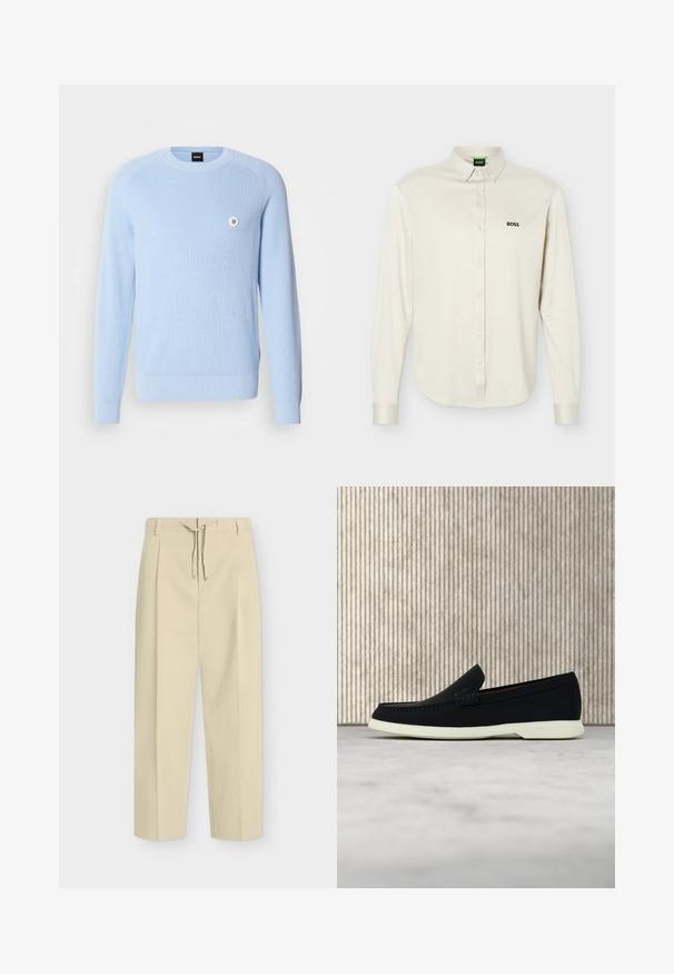 Suéter de punto acanalado azul claro con cuello redondo, mangas largas y un pequeño detalle de logo en el pecho. Textura suave, ajuste regular.; Camisa blanca de manga larga con botones y cuello, logo negro "BOSS" en el pecho izquierdo y puños abotonados, presentada sobre un fondo liso.; Pantalones beige de pierna recta con trabillas para cinturón y lazada frontal, con un diseño limpio y entallado y tela texturizada.; Zapato negro sin cordones con puntera redondeada, que presenta una parte superior texturizada, suela blanca lisa y un discreto detalle de marca en el lateral.
