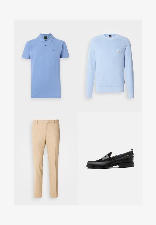 Pull en maille côtelée bleu clair avec un col rond, des manches longues et un petit logo sur la poitrine. Texture douce, coupe régulière.; Polo bleu clair à manches courtes avec col et deux boutons, arborant un petit logo "BOSS" discret sur le côté gauche de la poitrine.; Pantalons beiges ajustés en tissu texturé, design à jambes droites, plis avant et fermeture à bouton unique à la taille.; Mocassin en cuir noir avec détail de bride grise, talon bas et semelle texturée, marqué "HUGO" en or sur le côté.