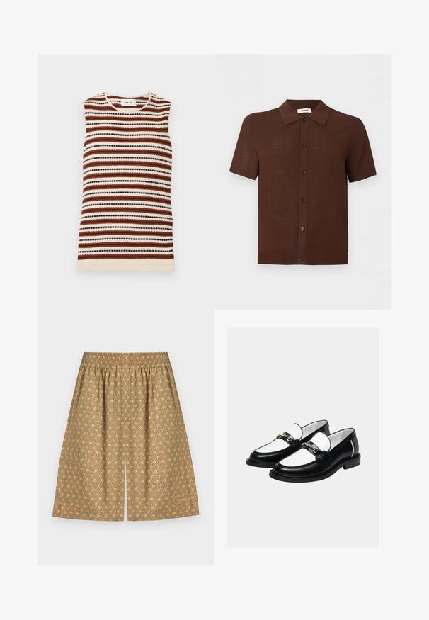 Top de punto sin mangas con rayas horizontales en crema, óxido, verde oliva y negro, con escote redondo.; Camisa marrón de manga corta con botones, con un patrón texturizado y cuello clásico, mostrada sobre un fondo liso y claro.; Falda beige hasta la rodilla con patrón de círculos entrelazados en rosa, cintura elástica, abertura central y logo "Sandro Paris" cerca del dobladillo.; Par de mocasines de cuero en blanco y negro con detalle de cadena dorada en la parte superior, sobre un fondo claro y liso.