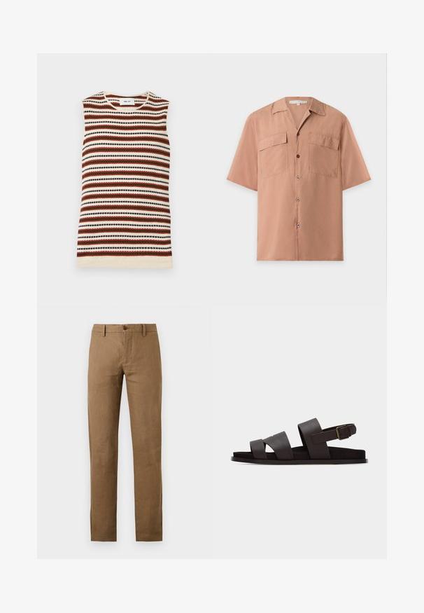 Top sans manches en maille avec des rayures horizontales crème, rouille, vert olive et noir, avec un col rond.; Chemise marron clair à manches courtes avec boutons, deux poches poitrine à rabats et un col camp, présentée sur un fond clair uni.; Pantalon marron à jambes droites avec passants de ceinture et fermeture boutonnée et zippée à l'avant sur fond uni.; Sandale en cuir marron foncé avec trois larges brides, une bride de cheville avec boucle réglable et une semelle plate sur fond blanc.