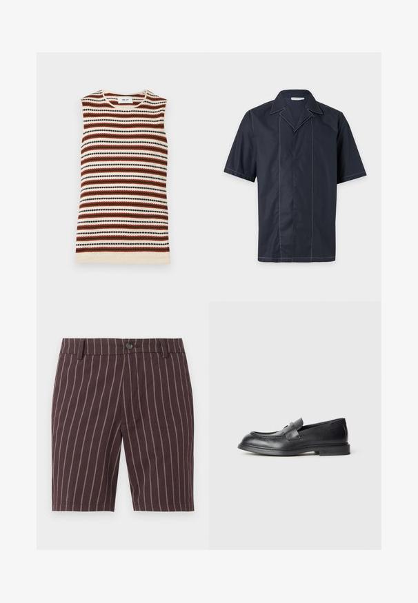 Top sans manches en maille avec des rayures horizontales crème, rouille, vert olive et noir, avec un col rond.; Chemise bleu marine à manches courtes avec col pointu et coutures blanches visibles le long des coutures, présentée sur un fond uni.; Shorts marron foncé avec fines rayures blanches verticales, fermeture à boutons, passants de ceinture et coupe ajustée.; Mocassins en cuir noir avec une finition texturée, dotés d'une bride décorative à l'avant et d'un bout arrondi. Semelle en caoutchouc pour plus de durabilité.