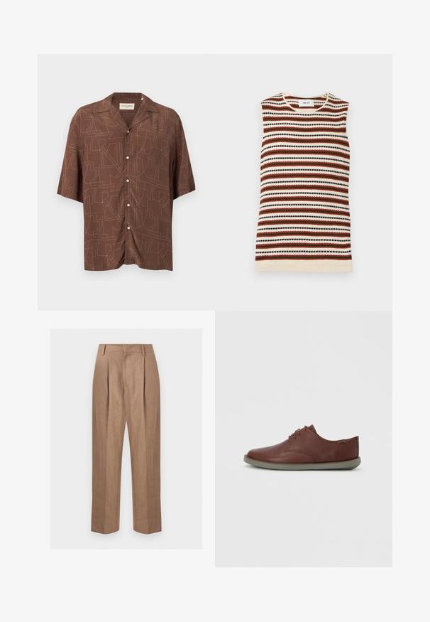 Top sans manches en maille avec des rayures horizontales crème, rouille, vert olive et noir, avec un col rond.; Chemise marron à manches courtes boutonnée avec col pointu et motif géométrique abstrait cousu sur toute la surface.; Pantalon beige pour homme, taille haute, coupe droite, avec plis devant, passants pour ceinture et fermeture avant dissimulée.; Chaussures en cuir marron à finition lisse, bout arrondi et semelle en caoutchouc grise profil bas ; elles présentent un design à lacets minimaliste.