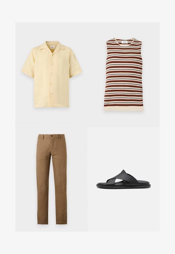 Top sans manches en maille avec des rayures horizontales crème, rouille, vert olive et noir, avec un col rond.; Chemise en lin beige à manches courtes, boutonnée, avec un col cranté, présentée sur un fond clair.; Pantalon marron à jambes droites avec passants de ceinture et fermeture boutonnée et zippée à l'avant sur fond uni.; Stuart Weitzman BERKLEY - Mules - black
