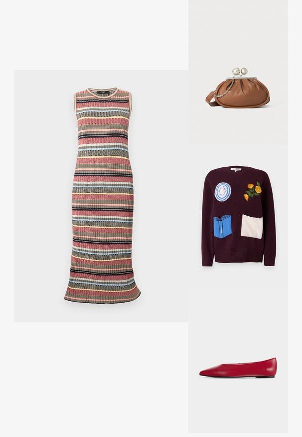 Suéter de punto color granate con diseños bordados: un plato azul, flores amarillas y un libro azul con detalles blancos y bordes festoneados.; Vestido de punto sin mangas hasta la rodilla con rayas horizontales multicolores en rojo, negro, beige, azul y amarillo, con textura acanalada.; Zapato plano de cuero rojo con puntera puntiaguda, suela negra y tacón bajo, mostrado de perfil sobre un fondo claro y liso.; Bolso de mano de cuero marrón con cierre de bola plateada y un pequeño detalle de cadena plateada sobre un fondo blanco.
