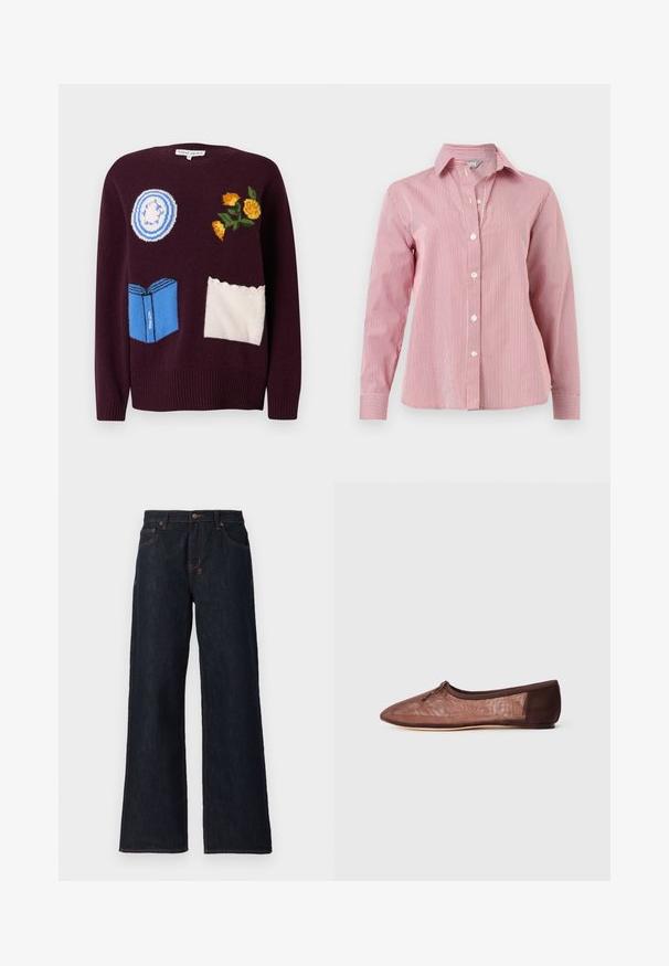 Vinrød strikket sweater med broderede motiver: en blå tallerken, gule blomster og en blå bog med hvide detaljer og bølgede accenter.; Langærmet rød og hvid skjorte med lodrette striber, knapper, krave og manchetter, vist fladt på en hvid baggrund.; Mørkeblå vidde jeans lavet af denim, med orange syninger, to frontlommer og en knaplukning i taljen.; Brune balletflade med en glat overdel med en delikat glans, rund tå, elastisk kant og subtile tonale accenter ved hælen.