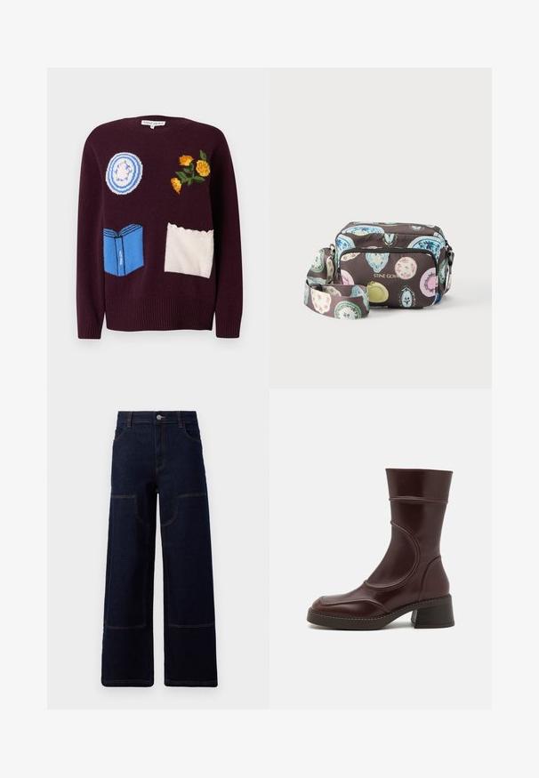 Vinrød strikket sweater med broderede motiver: en blå tallerken, gule blomster og en blå bog med hvide detaljer og bølgede accenter.; Mørkeblå bredbenede denimbukser med frontlommer og kontrastfarvet orange syninger, knaplukning ved taljen.; MIISTA MALENE - Støvletter - brown; Crossbody taske med farverige ovale mønstre på mørk baggrund, front-lynlåslomme og justerbar rem, mærket "STINE GOYA" med guld bogstaver.