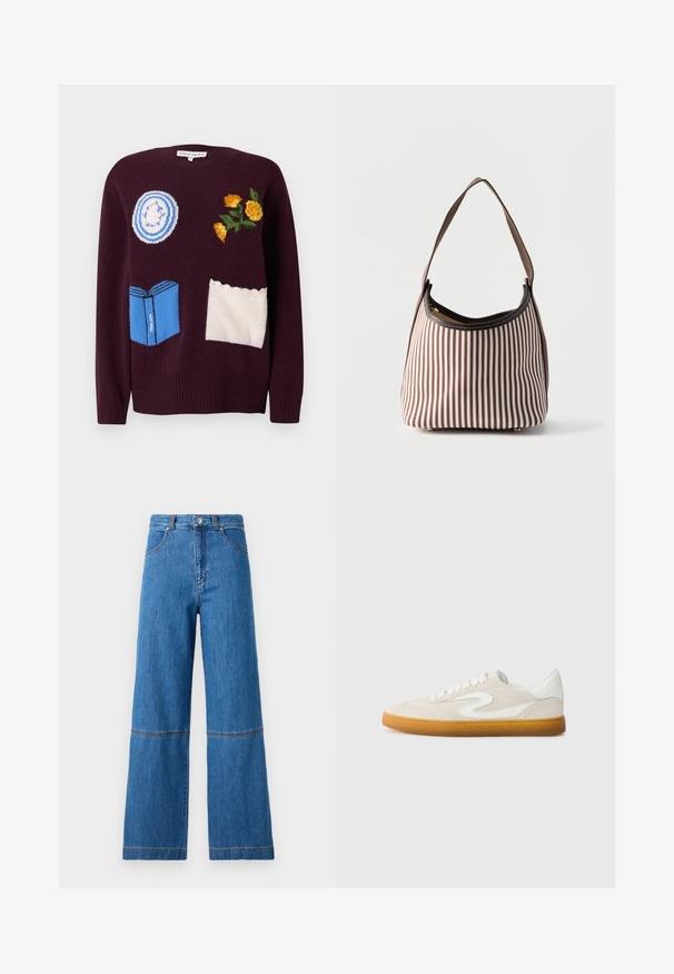 Vinrød strikket sweater med broderede motiver: en blå tallerken, gule blomster og en blå bog med hvide detaljer og bølgede accenter.; Bredde ben jeans i blå denim med høj talje, der har dobbelt stikning ved knæene og en tekstureret stofoverflade.; Beige ruskindsneaker med hvide læderdetaljer, gummigummisole og rund tå. Har et karakteristisk swoosh-design på siden.; Brun og hvid håndtaske med lodrette striber, med en enkelt skulderrem og en synlig lynlås ved den øverste åbning.