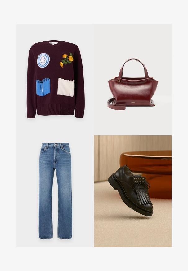 Vinrød strikket sweater med broderede motiver: en blå tallerken, gule blomster og en blå bog med hvide detaljer og bølgede accenter.; Blå denim jeans med lige ben design, fem lommer og bæltestropper. Stoffet har let falmning og subtile stikningsdetaljer.; Sort læder snøresko med dekorativ frynse og metalnitter placeret på beige tæppe nær brunt møbel.; Mørkerød lædertaske med to håndtag øverst, aftagelig skulderrem, guldfarvet hardware og mærkenavnet Wandler på forsiden i midten.