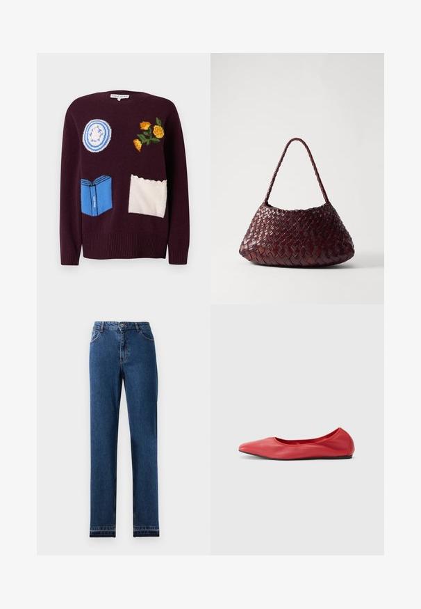 Vinrød strikket sweater med broderede motiver: en blå tallerken, gule blomster og en blå bog med hvide detaljer og bølgede accenter.; Blå denim jeans med lige ben-design, fem lommer og en knap-lukning. Har kontrast søm og en let falmning.; Filippa K REY FLATS - Ballerinasko - bright red; DRAGON DIFFUSION ROSANNA - Håndtasker - bruciato