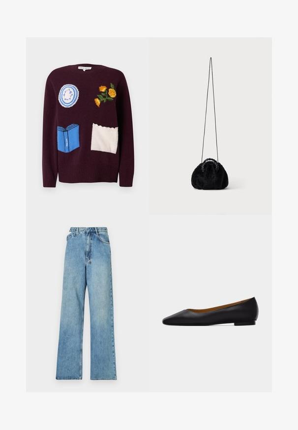 Suéter de punto color granate con diseños bordados: un plato azul, flores amarillas y un libro azul con detalles blancos y bordes festoneados.; Jeans de mezclilla de color azul claro, de pierna ancha, con una cintura de altura media, cinco bolsillos y un cierre de botón con herrajes metálicos y un acabado desgastado.; Zapato plano de punta puntiaguda de cuero negro con tacón bajo y acabado liso, mostrado de perfil sobre un fondo gris claro.; Pequeño bolso negro de pelo sintético con asas superiores trenzadas y larga correa delgada para el hombro sobre fondo liso.