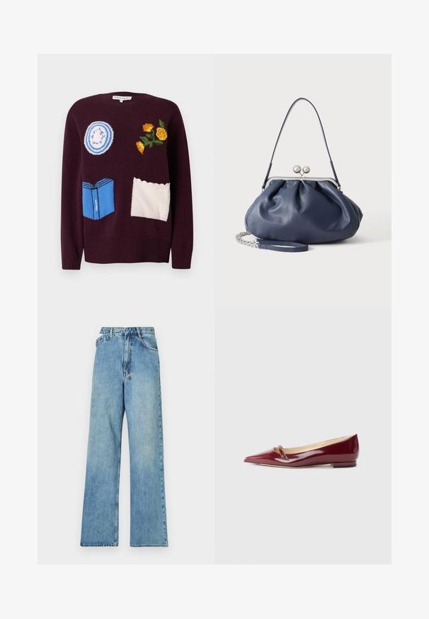 Suéter de punto color granate con diseños bordados: un plato azul, flores amarillas y un libro azul con detalles blancos y bordes festoneados.; Jeans de mezclilla de color azul claro, de pierna ancha, con una cintura de altura media, cinco bolsillos y un cierre de botón con herrajes metálicos y un acabado desgastado.; Bailarinas de charol burdeos con punta afilada, que presentan un pequeño detalle de corte y un tacón bajo. Textura suave y diseño elegante.; Bolso de mano de cuero azul marino suave con cierre de broche plateado, una correa de hombro y correa de cadena desmontable para la muñeca sobre fondo blanco.