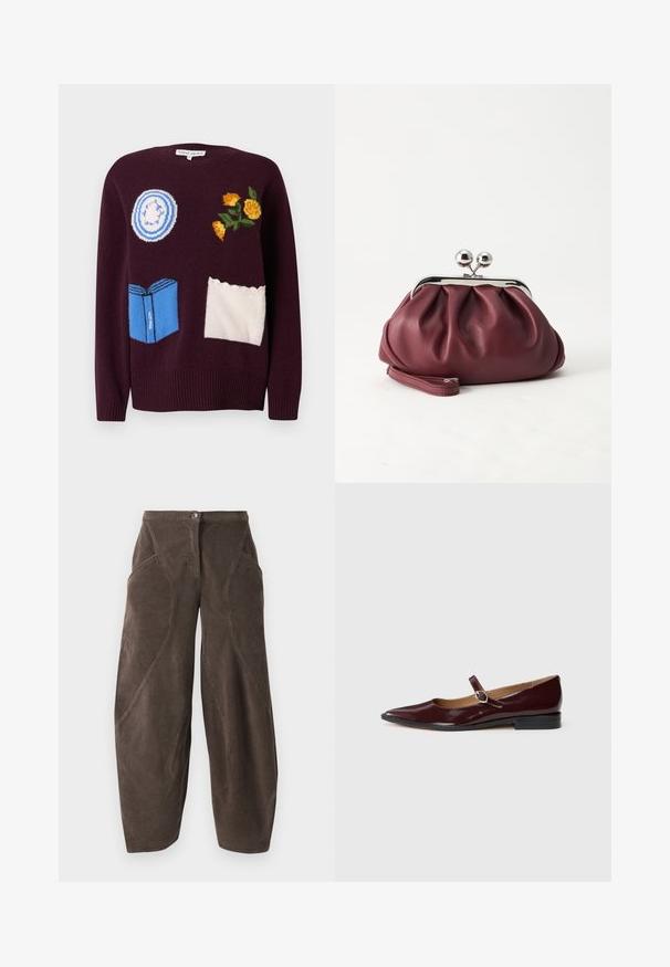 Vinrød strikket sweater med broderede motiver: en blå tallerken, gule blomster og en blå bog med hvide detaljer og bølgede accenter.; Brune bredbenede fløjlsbukser med høj talje, frontknaplukning og skrå sømdetaljer på benene.; Bordeaux patentlæder Mary Jane flade sko med spids tå, flad hæl og en dekorativ rem med en cirkulær spændeaccent.; Lille bordeauxlæder clutch-pung med sølv metal lukning og håndledsrem på hvid baggrund.
