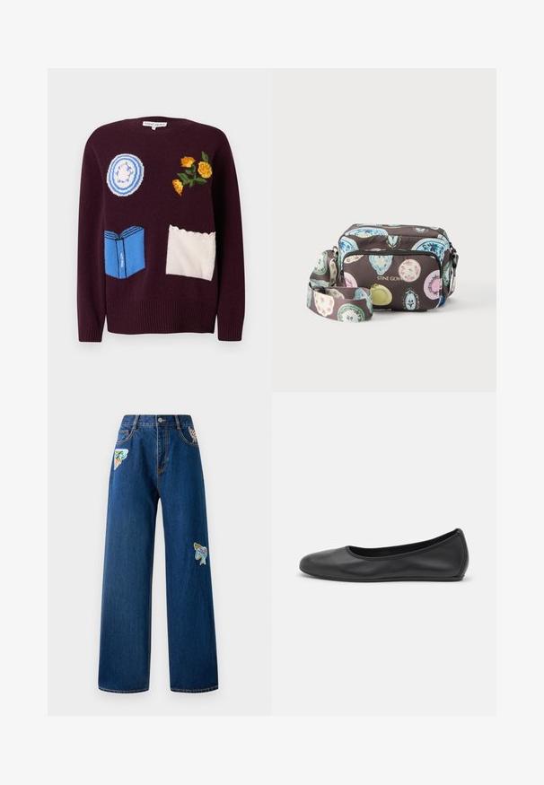 Vinrød strikket sweater med broderede motiver: en blå tallerken, gule blomster og en blå bog med hvide detaljer og bølgede accenter.; Mørkeblå denim bukser med brede ben og to farverige broderede lapper foran. Har standardlommer og synlige syninger.; Sort læderballetsko med rund tå, glat tekstur, minimal syning og et fleksibelt såldesign.; Crossbody taske med farverige ovale mønstre på mørk baggrund, front-lynlåslomme og justerbar rem, mærket "STINE GOYA" med guld bogstaver.