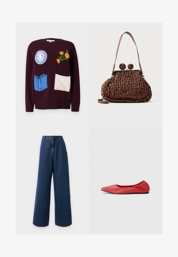 Suéter de punto color granate con diseños bordados: un plato azul, flores amarillas y un libro azul con detalles blancos y bordes festoneados.; Jeans de tiro alto y pierna ancha en denim azul oscuro con cierre frontal de botón y cremallera, trabillas para cinturón y bolsillos laterales.; Filippa K REY FLATS - Bailarinas - bright red; Bolso de mano de cuero trenzado marrón con una sola correa y dos grandes cierres redondos de madera en la parte superior.