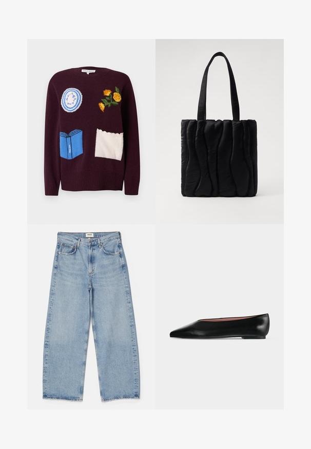 Vinrød strikket sweater med broderede motiver: en blå tallerken, gule blomster og en blå bog med hvide detaljer og bølgede accenter.; Agolde Baggy jeans - light-blue denim; Sort damesko i læder med flad hæl og spids tå, vist fra siden på en ensfarvet lys grå baggrund.; Sort totebag lavet af polstret stof, med en bølget tekstur, to robuste håndtag og en rektangulær form. Enkel, moderne design.