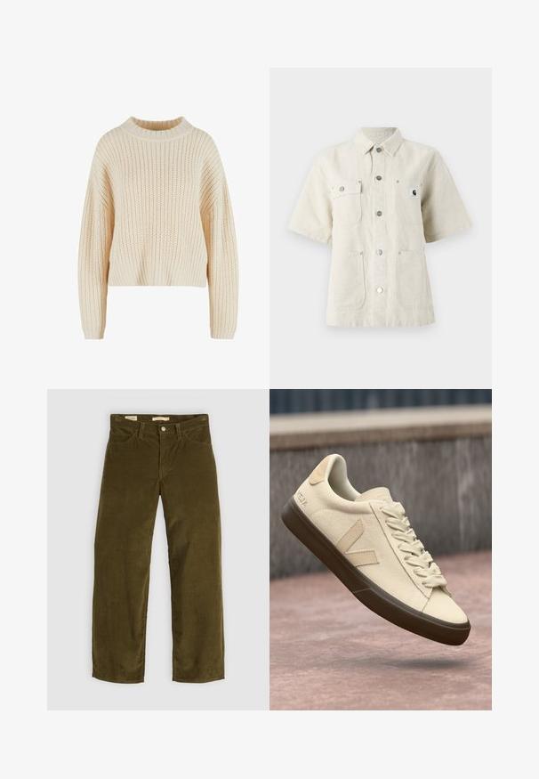 Cremefarvet strikket sweater med høj ribbet krave, brede ærmer og et struktureret mønster hele vejen igennem. Kropet design med ribbet kant.; Kortærmet skjorte i lys beige stof, med spidse kraver, frontknapper, to brystlommer og et lille logomærke på venstre side.; Oliven grøn corduroy bukser med lige ben design, der har forlommer og knaplukning, med en vertikal ribbet tekstur.; Beige vegansk læder sneaker med cremede snørebånd, brun gummisål og logodetalje på hælen. Rengøringsdesign med subtile tonale accenter.