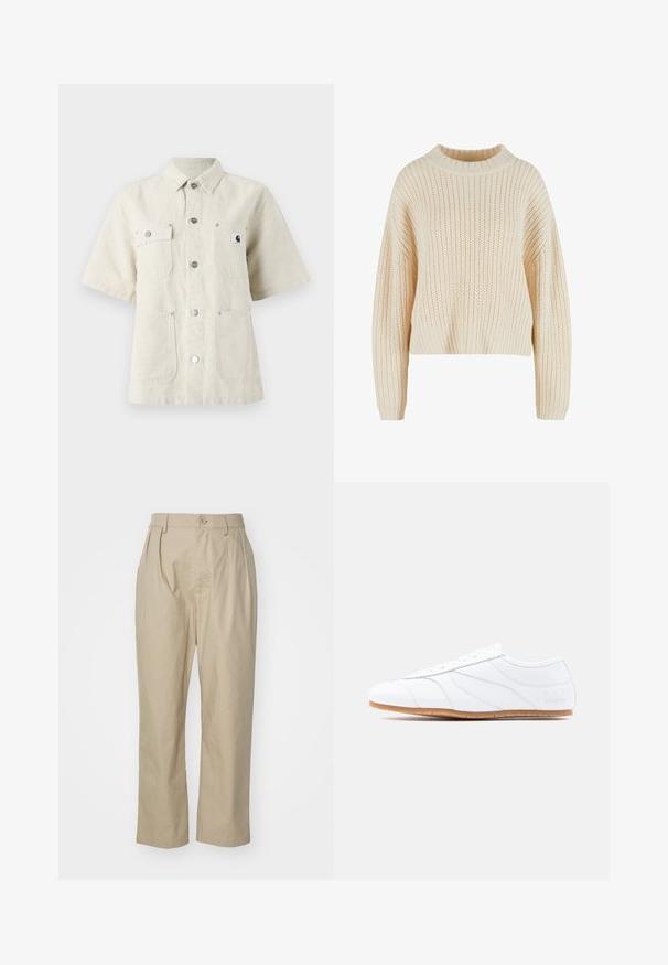 Cremefarvet strikket sweater med høj ribbet krave, brede ærmer og et struktureret mønster hele vejen igennem. Kropet design med ribbet kant.; Kortærmet skjorte i lys beige stof, med spidse kraver, frontknapper, to brystlommer og et lille logomærke på venstre side.; Beige bukser lavet af bomuld, med afslappet pasform, frontfolder, en enkelt knaplukning og lige ben med syede kant.; Hvid lavtstående sneaker med snøresystem, glat læderoverdel, diskrete syninger og lysbrun gummisål.
