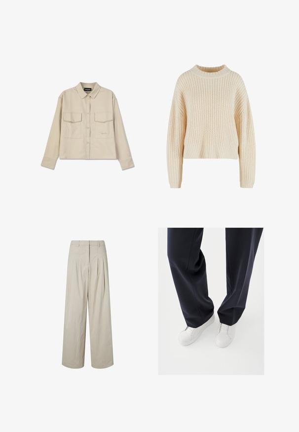 Cremefarvet strikket sweater med høj ribbet krave, brede ærmer og et struktureret mønster hele vejen igennem. Kropet design med ribbet kant.; Beige knap-up skjorte med krave, lange ærmer og to brystlommer. Har broderet logo og en glat, blød tekstur.; Beige bukser med høj talje og vide ben med plisseringer og bæltestropper, foran lynlås og en ren kant mod en hvid baggrund.; Hvide sneakers med teksturerede gummisåler og flade snørebånd, kombineret med mørkeblå bukser i løs, glat stof og skræddersyet pasform.