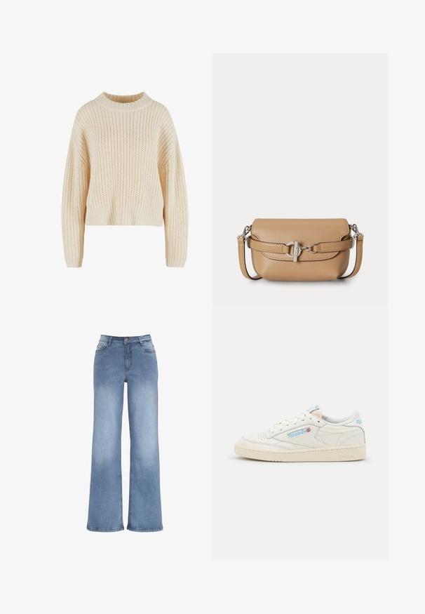 Cremefarvet strikket sweater med høj ribbet krave, brede ærmer og et struktureret mønster hele vejen igennem. Kropet design med ribbet kant.; Lyseblå vidde jeans lavet af denim. Har en knaplukning, fem lommer og syninger i kontrast. Glat overflade med en let falma.; Reebok sneakers i off-white læder med lyseblå detaljer. Har perforeret tå, flade snørebånd og tekstureret gummisål.; Lille lysebrun læder crossbody taske med sølv spænde og aftagelig justerbar rem på hvid baggrund.