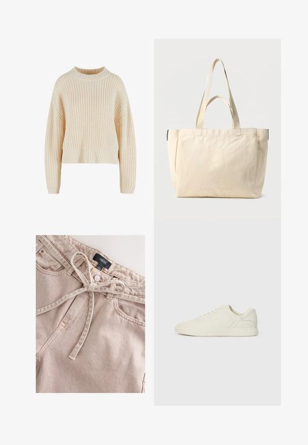 Cremefarvet strikket sweater med høj ribbet krave, brede ærmer og et struktureret mønster hele vejen igennem. Kropet design med ribbet kant.; Lyserøde denimbukser med bindebånd i taljen, med frontknap, bæltestropper og to forlommer, der viser et tekstureret stof.; Hvide lædersneakers med rund tå, snørebånd foran, minimalistisk design og diskret branding på siden. Flad gummisål, glat tekstur.; Beige lærredsnettaske med to sæt håndtag, enkelt design og diskret præget "SAMSOE SAMSOE" mærke foran.