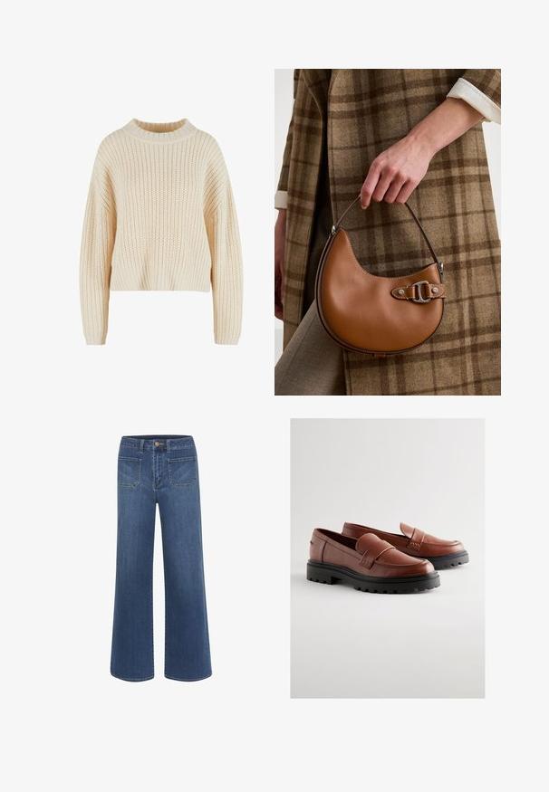 Pull en tricot crème avec un col haut en côtes, des manches larges et un motif texturé sur l'ensemble. Design court avec un ourlet en côtes.; Jean à jambes larges en denim bleu foncé avec une texture lisse, doté d'une fermeture à boutons, de cinq poches et de coutures contrastantes.; Mocassins en cuir marron à surface lisse, avec une large bride sur le cou-de-pied, et une semelle en caoutchouc noir robuste dotée de profondes rainures.; Main tenant un sac à main en cuir marron en forme de croissant avec une boucle argentée, portant un manteau à carreaux marron et une manche blanche avec poignet.