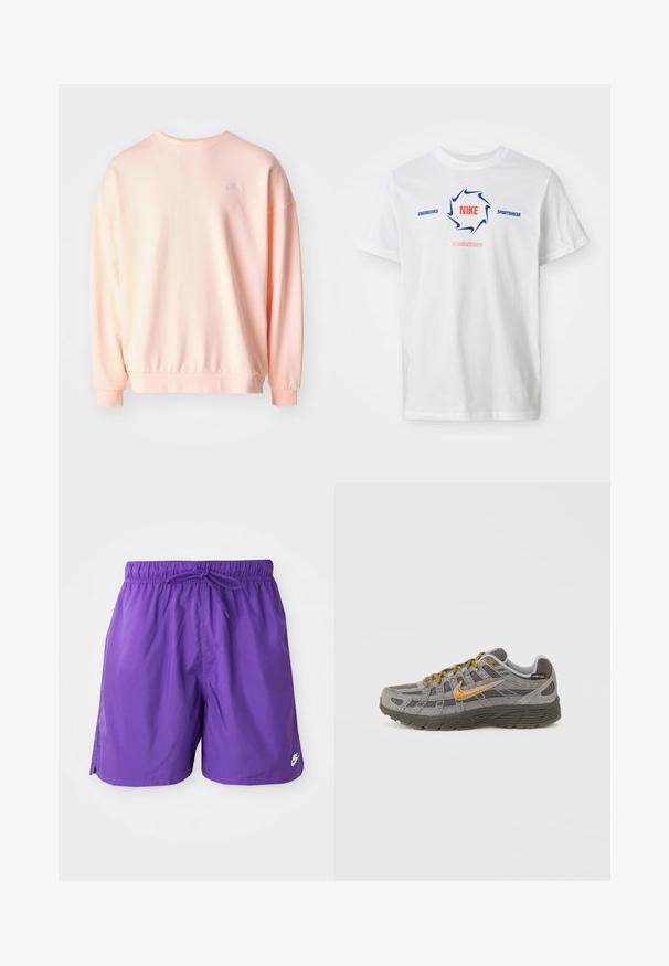 Sudadera rosa claro con cuello redondo, corte holgado y puños de canalé. Presenta un pequeño logotipo bordado en la parte superior de la espalda. Textura suave.; Camiseta de Nike de manga corta blanca con un círculo azul del swoosh y el texto rojo "NIKE", además de "ENGINEERED SPORTSWEAR" en azul y un pequeño eslogan rojo debajo.; Bañador morado con cintura elástica y cordón. Presenta aberturas laterales y un pequeño logo blanco en el dobladillo inferior. Textura suave.; Zapatilla de ante gris con acentos dorados, paneles texturizados y cordones a juego. Cuenta con una suela acolchada y un detalle de logotipo en el lateral.