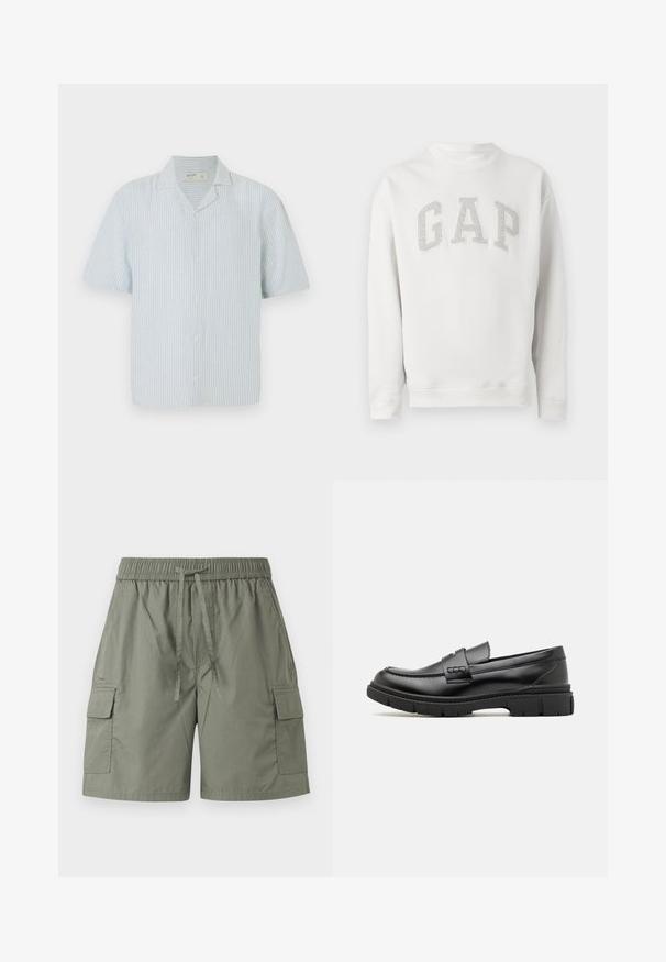 Sudadera blanca de manga larga con cuello redondo y letras grises "GAP" en el pecho, hecha de un tejido suave, mostrada sobre un fondo liso.; Camisa de botones de manga corta en rayas azul claras y blancas. Presenta un cuello clásico y un corte relajado en una tela ligera.; Pantalones cortos cargo para hombres en verde oliva, con cintura elástica, cordón ajustable, bolsillos laterales con solapa y un corte cómodo.; Mocasin de cuero negro con una cinta ancha en el empeine, suela de goma con tacos gruesos y textura suave. Diseño clásico y elegante.
