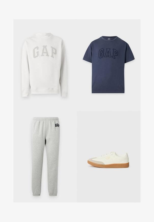 Witte sweater met lange mouwen en ronde hals met grijze "GAP" letters op de borst, gemaakt van zachte stof, getoond op een effen achtergrond.; Marineblauw T-shirt met korte mouwen en ronde hals met verhoogde, gestructureerde "GAP" letters op de borst.; Grijze sweats met een elastische tailleband, cuffed enkels, en een marineblauwe "GAP" logo op de linker boven dij. Zachte, katoenen stofmix.; Schoen gemaakt van wit leer met een beige teenkap en een lichtbruine rubberen zool. Voorzien van platte witte veters en reliëfbranding aan de zijkant.