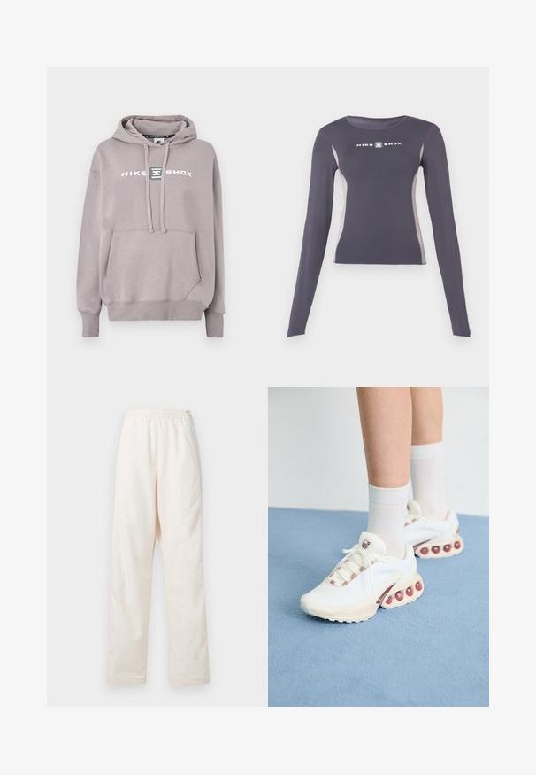 Svetlosivá mikina Nike Shox s klokaním vreckom, kapucňou so sťahovacou šnúrkou a potlačeným logom na prednej strane. Materiál zo zmesi bavlny, mäkká textúra.; Tmavošedý dlhý rukáv priliehavý športový top s svetlošedými bočnými panelmi a bielym logom "Nike Shox" na hrudi.; Voľné nohavice krémovej farby s elastickým pásom a rovnými nohavicami, zobrazené na bielom pozadí.; Biele športové tenisky s štruktúrovaným zvrškom, ktoré majú ružový akcent na šnúrkach a veľké vzduchové bubliny v podrážke.
