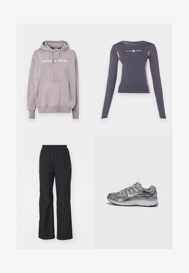 Hellgrauer Nike Shox Hoodie mit Kängurutasche, Kordelzugkapuze und aufgedrucktem Logo auf der Vorderseite. Material aus Baumwollmischung, weiche Textur.; Dunkelgraues, langärmliges, eng anliegendes Sportoberteil mit hellgrauen Seitenpaneelen und weißem "Nike Shox"-Logo auf der Brust.; Schwarze, leichte Hose mit elastischem Bund und Kordelzug. Verfügt über eine strukturierte Oberfläche und ein kleines reflektierendes Logo an der Seite.; Grauer Sportschuh mit Mesh-Obermaterial, metallischen Akzenten und weißer Sohle. Verfügt über ein Schnürsystem und strukturierte Details für besseren Halt.
