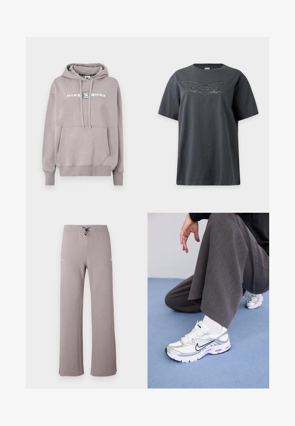 Hellgrauer Nike Shox Hoodie mit Kängurutasche, Kordelzugkapuze und aufgedrucktem Logo auf der Vorderseite. Material aus Baumwollmischung, weiche Textur.; Dunkelgraues T-Shirt mit kurzen Ärmeln und einem dezenten, geprägten Design von zwei spiegelbildlichen Hummern, die auf der Brust eine Herzform bilden.; Graue Jogginghose mit einem Kordelzugbund, Seitenschlitzen und einem weißen Logo auf der linken Seite. Hergestellt aus weichem Stoff mit einem entspannten Schnitt.; Weiße und silberne Sportschuhe aus Mesh- und Synthetikmaterialien, mit schwarzen Akzentlinien, Schnürsenkeln und strukturierten Sohlen.