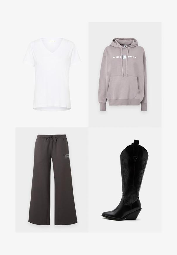 Vaaleanharmaa Nike Shox -huppari, jossa kengurun tasku, säädettävä huppu ja painettu logo edessä. Puuvillasekoitemateriaali, pehmeä koostumus.; Valkoinen lyhythihainen t-paita, jossa on V-pääntie, pehmeästä kankaasta valmistettu, rento malli ja suora helma, jossa on minimaalinen ompeluyksityiskohta.; Hiilenharmaat leveälahkeiset collegehousut, joissa on joustava vyötärönauha, kiristysnauha ja pieni valkoinen New Balance Athletics -logo oikeassa reisessä.; Musta nahkainen cowboy-saapas, jossa on kärkiosassa kärki, viistottu lohkokorko, koristeompeleet ja vetonauhat yläosassa valkoista taustaa vasten.