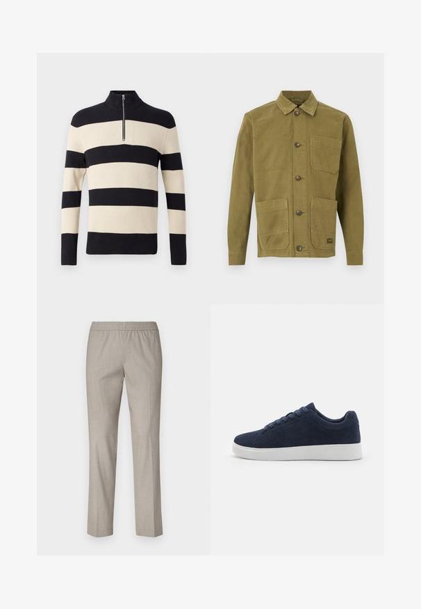 Sort og beige stribet ribstrik sweater med lange ærmer og en kort sølvlynlås ved den høje krave.; Olivengrøn lærredsjakke med krave, to frontlommer og lukkes med knapper. Tekstureret stof med synlige syningsdetaljer.; Lys grå bukser med elastisk talje, lige ben design og en glat stofstruktur. Ingen synlige mønstre eller hardware detaljer.; Mørkeblå ruskinds sneakers med rund tå, hvid gummisål og seks snørehuller. Glat tekstur og minimalistisk design. Vist fra siden.