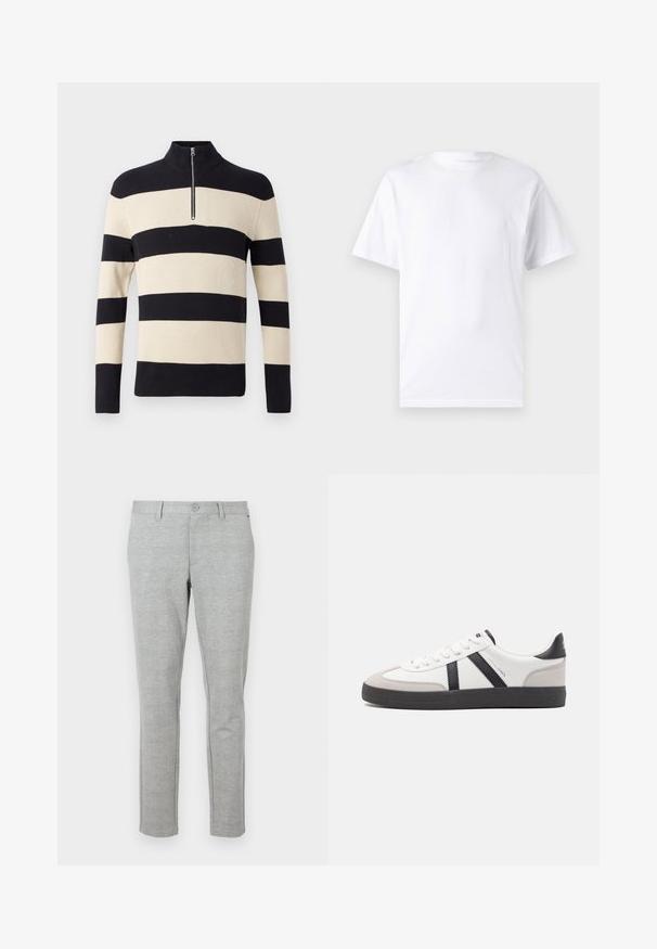 Pull en tricot à côtes rayé noir et beige avec des manches longues et un petit zip en argent au col montant.; T-shirt blanc à manches courtes en coton avec un col rond, présentant une texture lisse et un design simple, sans motifs ni accents.; Pantalon de costume gris slim-fit en tissu texturé. Équipé d'une taille standard avec fermeture à bouton et poches latérales.; Baskets blanches avec des accents noirs et gris, présentant un embout texturé gris, une semelle en caoutchouc noir et des lacets plats blancs. Design épuré, style minimaliste.