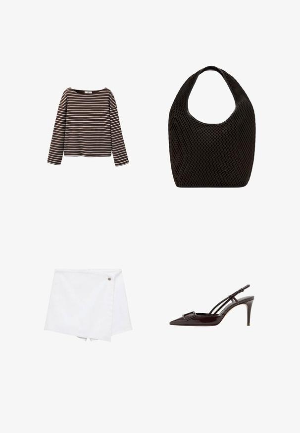 Chemise marron à manches longues avec des rayures horizontales blanches et un large col rond, présentée sur un fond blanc.; Jupe enveloppante blanche en tissu texturé, dotée d'une fermeture latérale avec un petit accent métallique. Le design est ajusté et minimaliste.; Escarpins slingback noirs en cuir verni à bout pointu avec une boucle décorative et des fines brides de cheville.; Sac cabas noir en maille à tissage ouvert avec poignée supérieure arrondie et corps large et incurvé.