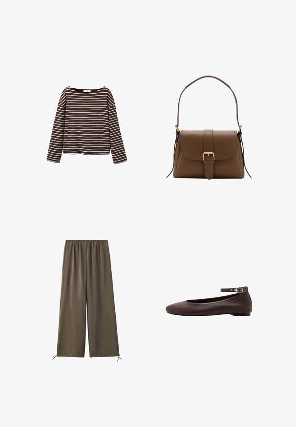 Chemise marron à manches longues avec des rayures horizontales blanches et un large col rond, présentée sur un fond blanc.; Pantalon vert olive ample avec taille élastique et cordons au bas, présenté à plat sur fond blanc.; Chaussure plate marron foncé avec bout arrondi et bride de cheville réglable avec boucle argentée sur fond blanc.; Sac à bandoulière en cuir marron avec rabat avant et boucle dorée, disposant d'une bandoulière réglable avec ferrures dorées sur fond blanc.