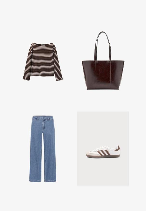 Braunes Langarmshirt mit weißen horizontalen Streifen und weitem Rundhalsausschnitt, vor weißem Hintergrund präsentiert.; My Essential Wardrobe MWSOFFI WIDE - Loose Jeans - medium blue wash; Weißer Adidas Samba Sneaker mit braunen Veloursstreifen, brauner Velourspitze und Gummisohle auf hellgrauem Hintergrund.; Dunkelbraune Ledertasche mit glatter Struktur, strukturierter Form, zwei langen Griffen und vertikalen Nahtdetails auf der Vorderseite.
