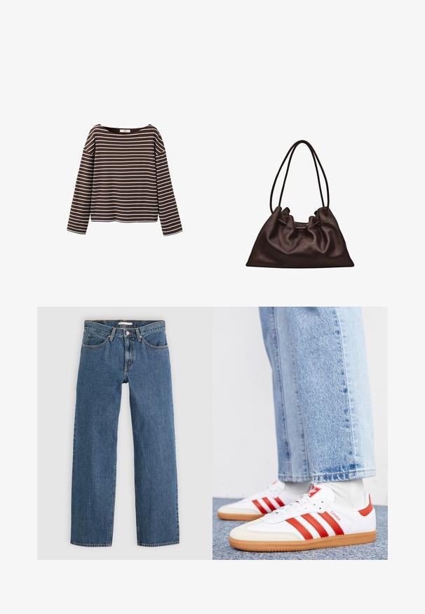 Brun langærmet skjorte med hvide vandrette striber og en bred rund halsudskæring, vist mod en hvid baggrund.; Blå denim jeans med lige pasform, der har fem lommer, knaplukning og kontrastsyninger langs sømmene.; Hvide lædersneakers med røde striber og accenter. Har en tekstureret gummisål og polstret krave. Bæres med lyseblå denim.; Blød mørkebrun læderhåndtaske med en slasket form og to tynde skulderstropper mod en hvid baggrund.