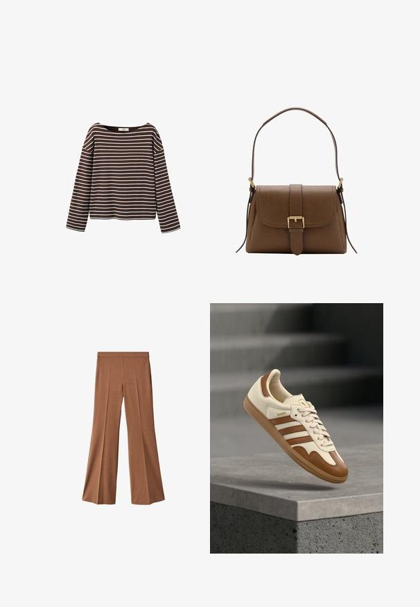 Chemise marron à manches longues avec des rayures horizontales blanches et un large col rond, présentée sur un fond blanc.; Pantalons marron à jambe large avec une texture lisse, dotés d'une taille haute, de deux plis sur le devant et d'une coupe droite jusqu'à l'ourlet.; Baskets classiques avec une tige en cuir crème, des accents marron, trois bandes et une semelle en caoutchouc texturée. Elles présentent un bout arrondi et une fermeture à lacets.; Sac à bandoulière en cuir marron avec rabat avant et boucle dorée, disposant d'une bandoulière réglable avec ferrures dorées sur fond blanc.