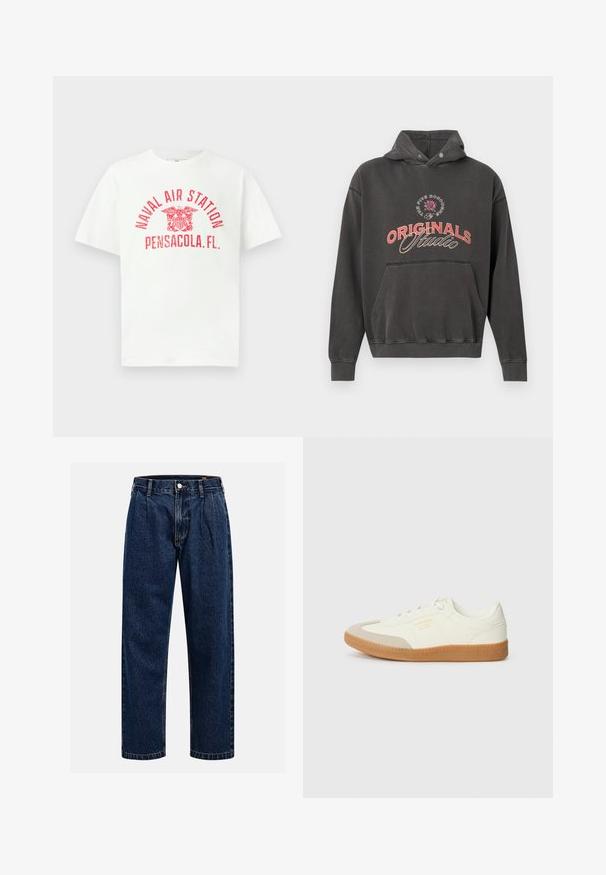 Hættetrøje i mørkegrå bomuldsblanding med frontlomme, ribstrikkede manchetter og stort rødt "ORIGINALS Studio" grafisk tryk.; Hvid T-shirt med korte ærmer med rød tekst "NAVAL AIR STATION PENSACOLA, FL." og et ørneemblem i midten foran.; Mørkeblå denimjeans med lige ben-design. Har synlige syninger, en knaplukning og frontfoldninger for ekstra detalje.; Sneaker lavet af hvid læder med en beige tåhætte og let brunt gummisål. Har flade hvide snørebånd og prægede branding på siden.