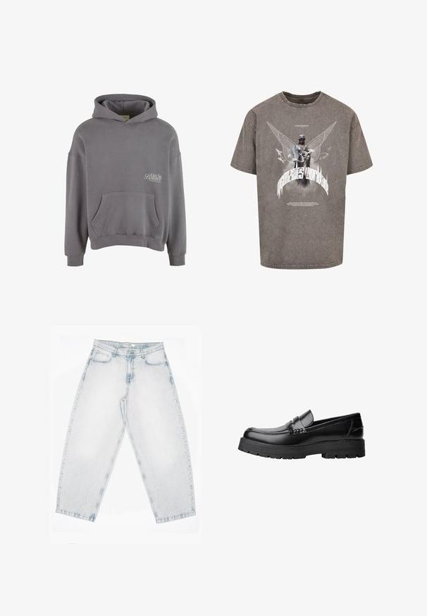 Grå hoodie lavet af bomuldsblandet stof, med en frontlomme, ribbede manchetter og nederkant samt et lille broderet "Live in Balance" logo.; Grå oversized t-shirt lavet af bomuld, med et grafisk tryk af en vinget statue og stiliseret tekst på forsiden.; Lyseblå denimjeans med høj talje, lige brede ben, knap- og lynlåslukning samt lommer foran og bagpå.; Sort læderloafer med kraftig sål og dekorativ rem henover, vist i venstre sideprofil på hvid baggrund.